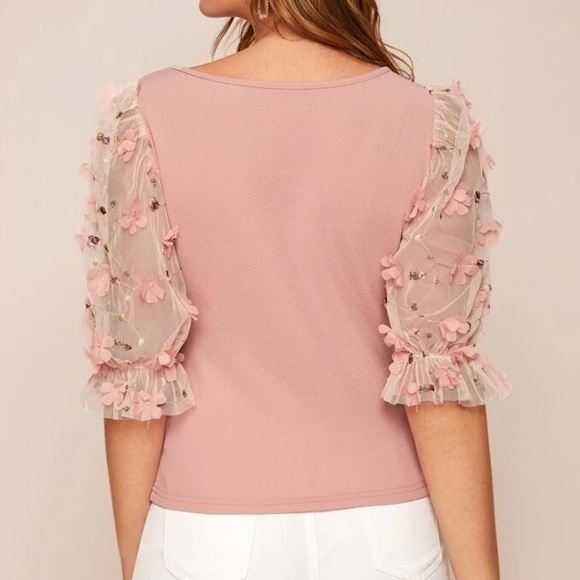 NWOT SHEIN Size M Square Neck Tulle Puff Sleeve Blouse Pink 3D Floral appliqués - Picture 10 of 11